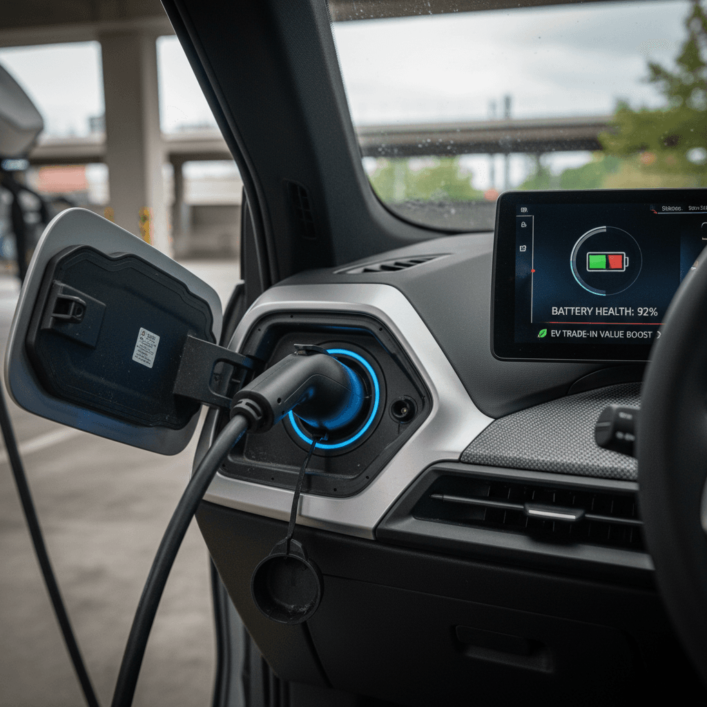 Close up of a BMW iX charging port and digital display showing high battery health, illustrating the impact of battery condition on trade-in value.