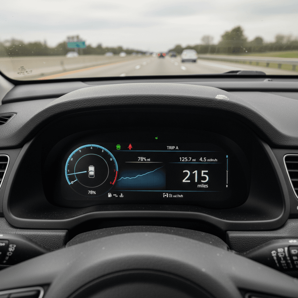 2024 Kia Niro EV digital display showing state of charge, trip efficiency, and estimated remaining range during a highway drive
