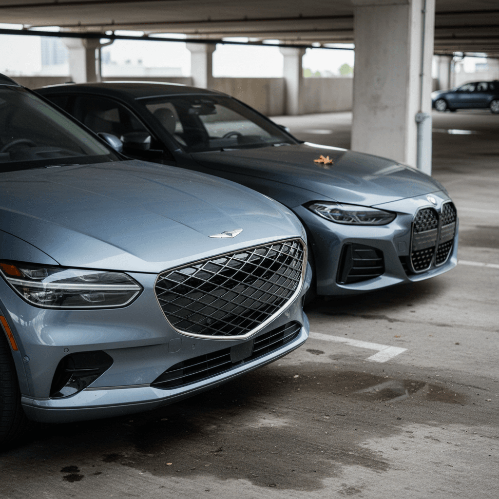 Genesis GV60 SUV and BMW i4 electric sedan parked side by side to highlight styling and body-style differences