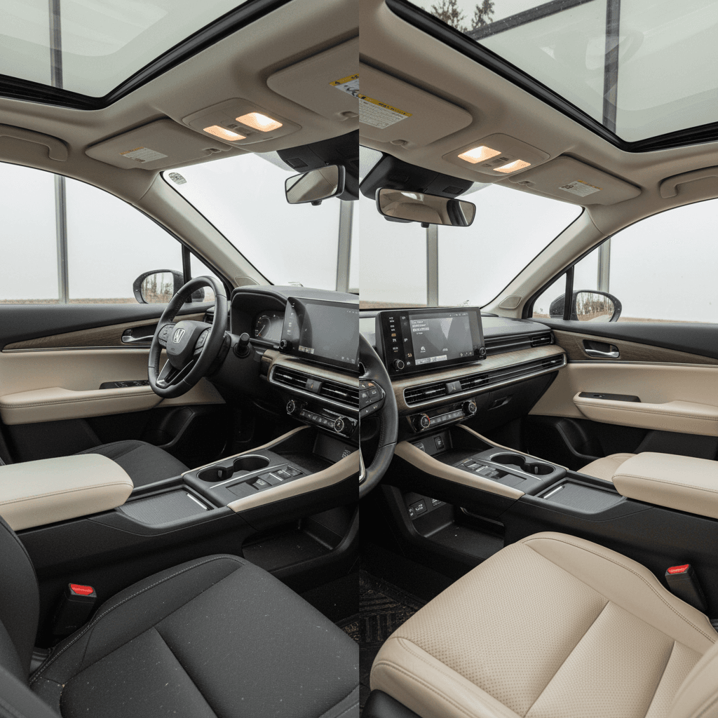 Side-by-side Honda Prologue EX and Touring interiors showing different upholstery and panoramic roof