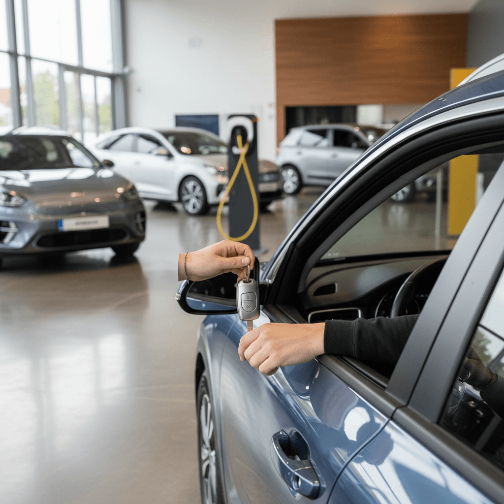 Customer selling a Kia Niro EV at an EV-focused showroom and handing keys to a specialist