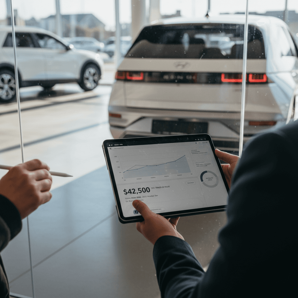 Owner reviewing a 2025 Hyundai Ioniq 5 trade-in offer with a specialist using a tablet inside a bright showroom