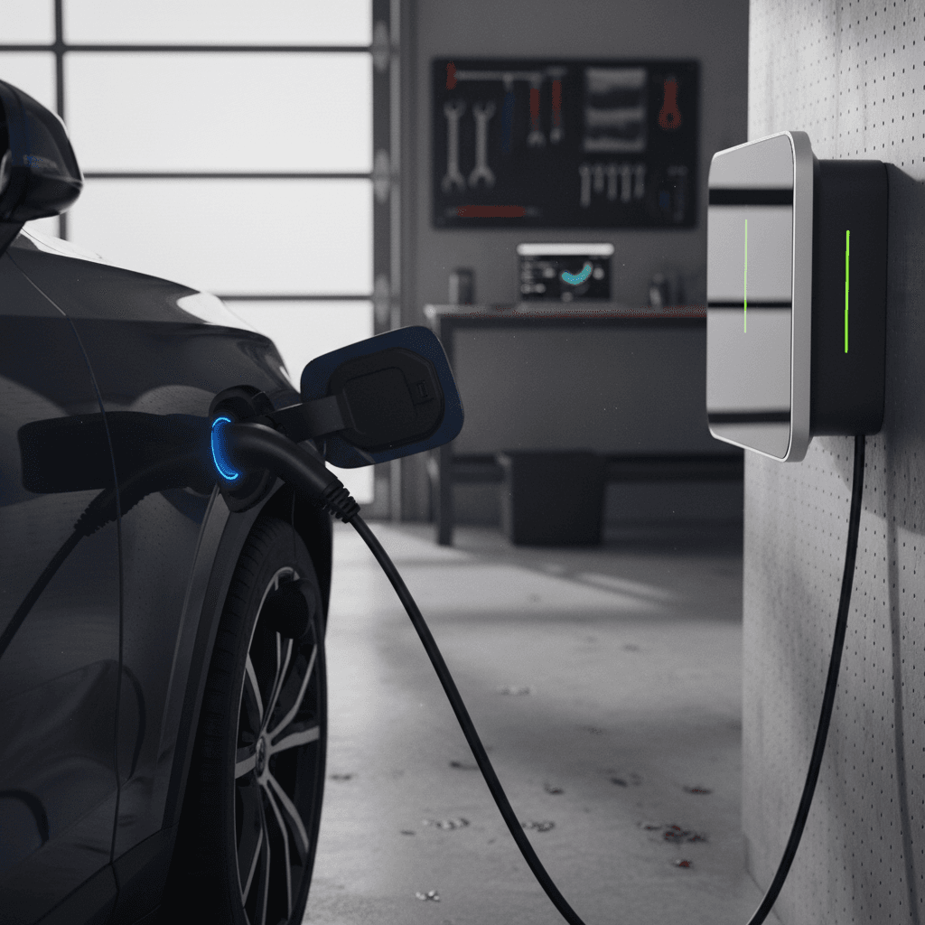 Volvo EX90 plugged into a home wallbox charger in a modern enclosed garage