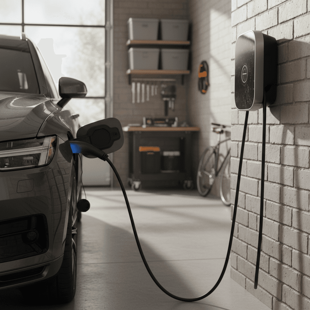 Wall mounted Level 2 home charger plugged into a Volvo EX90 parked in a modern residential garage