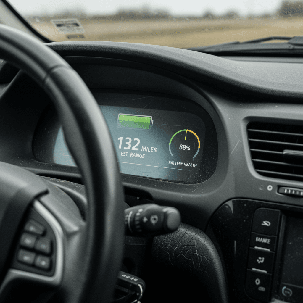 Used electric car interior showing battery health and range on the infotainment display