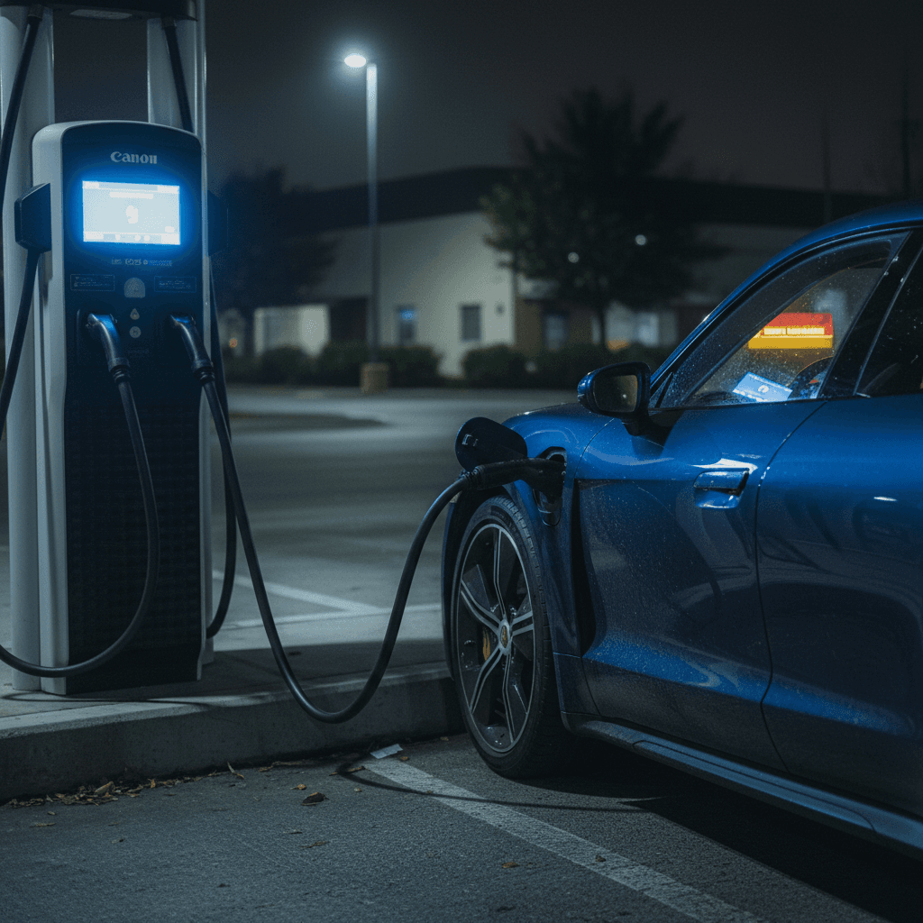 Porsche Taycan charging at night with warning icons illuminated on the dashboard