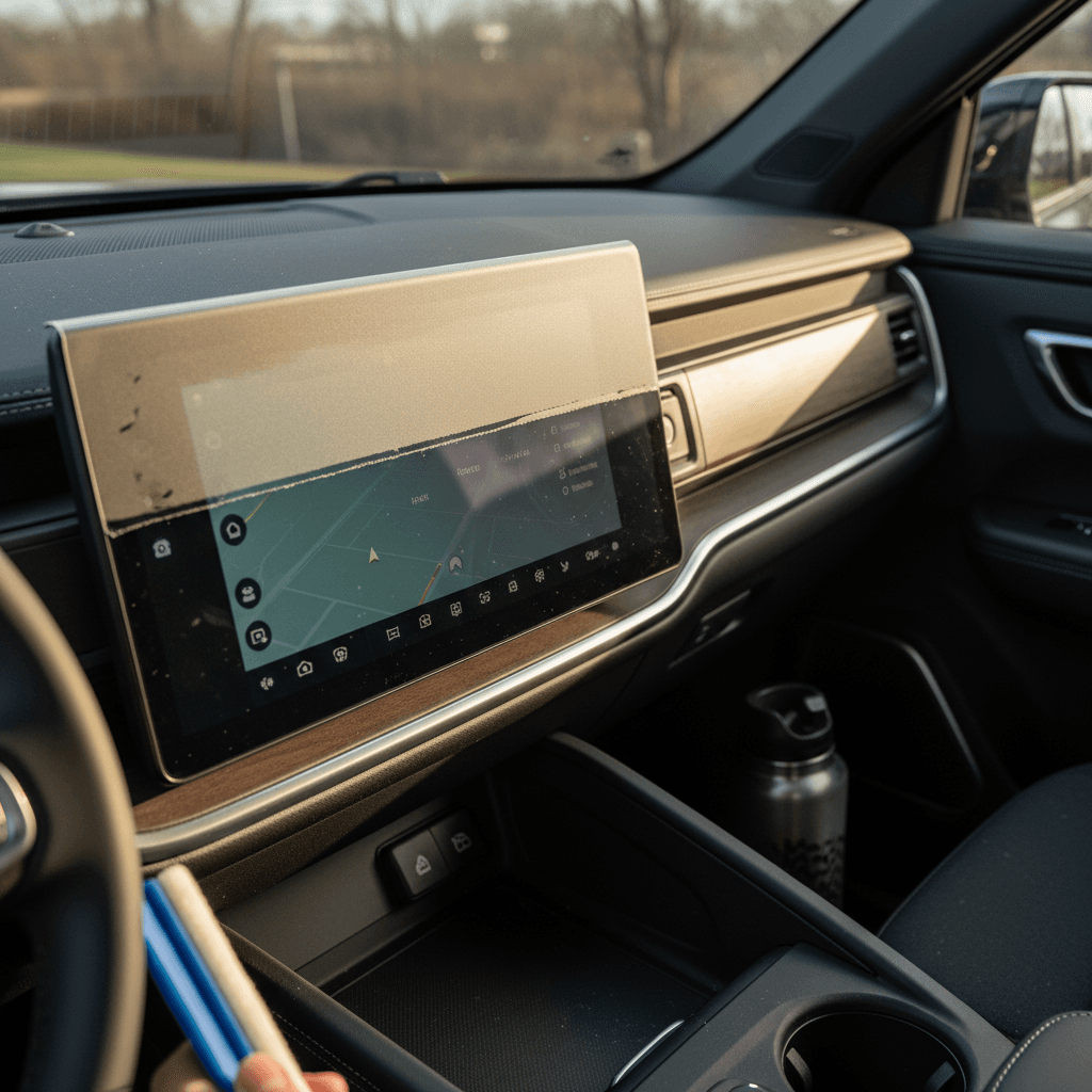 Technician aligning and applying a matte screen protector to a Rivian R1T center display