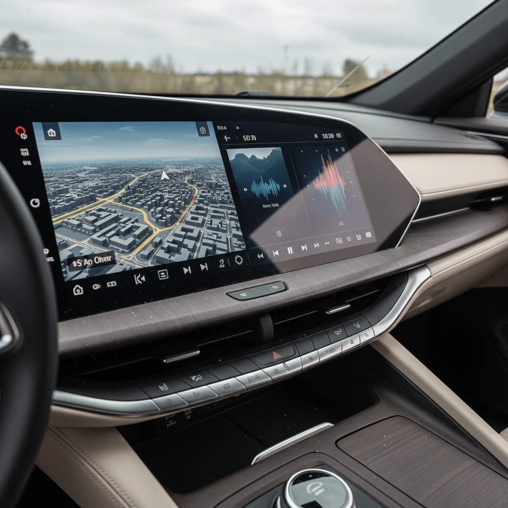 Cadillac Lyriq curved infotainment screen displaying navigation and media controls