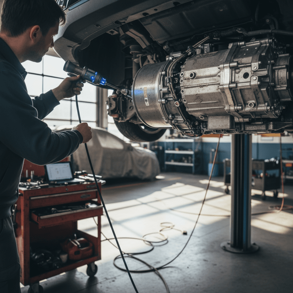 Technician inspecting the front motor and reduction gear of a Kia Niro EV on a lift