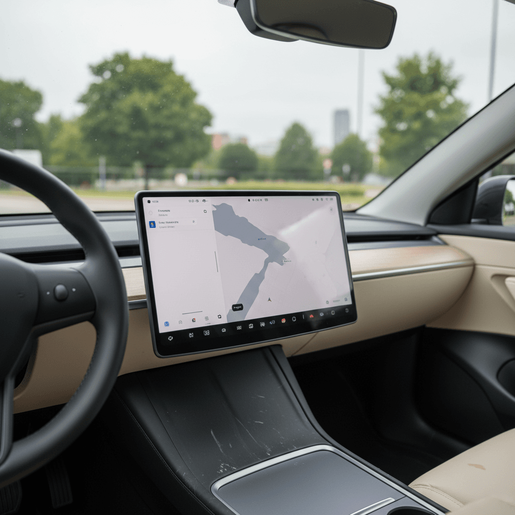 Updated interior of a 2026 Tesla Model Y with large center touchscreen and minimalist design