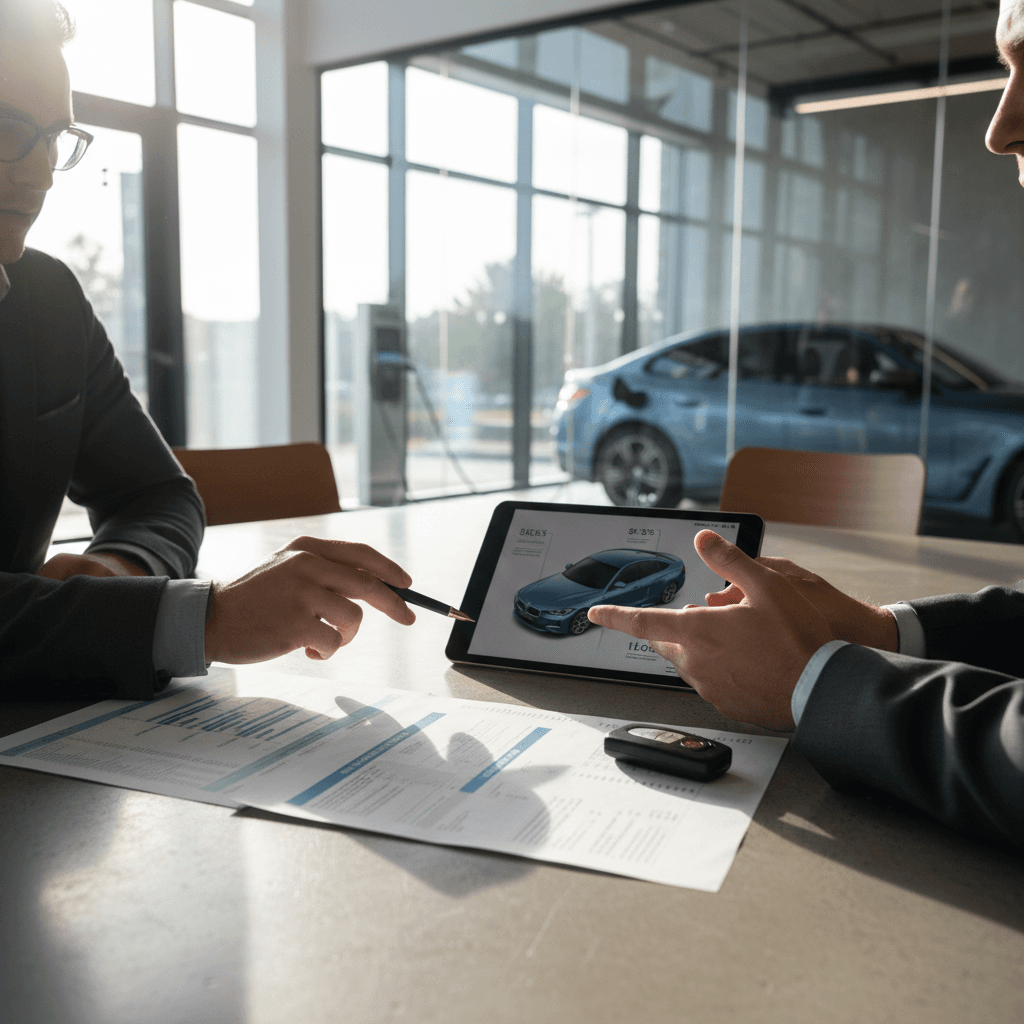 BMW i4 owner discussing insurance options with an agent in a modern office setting