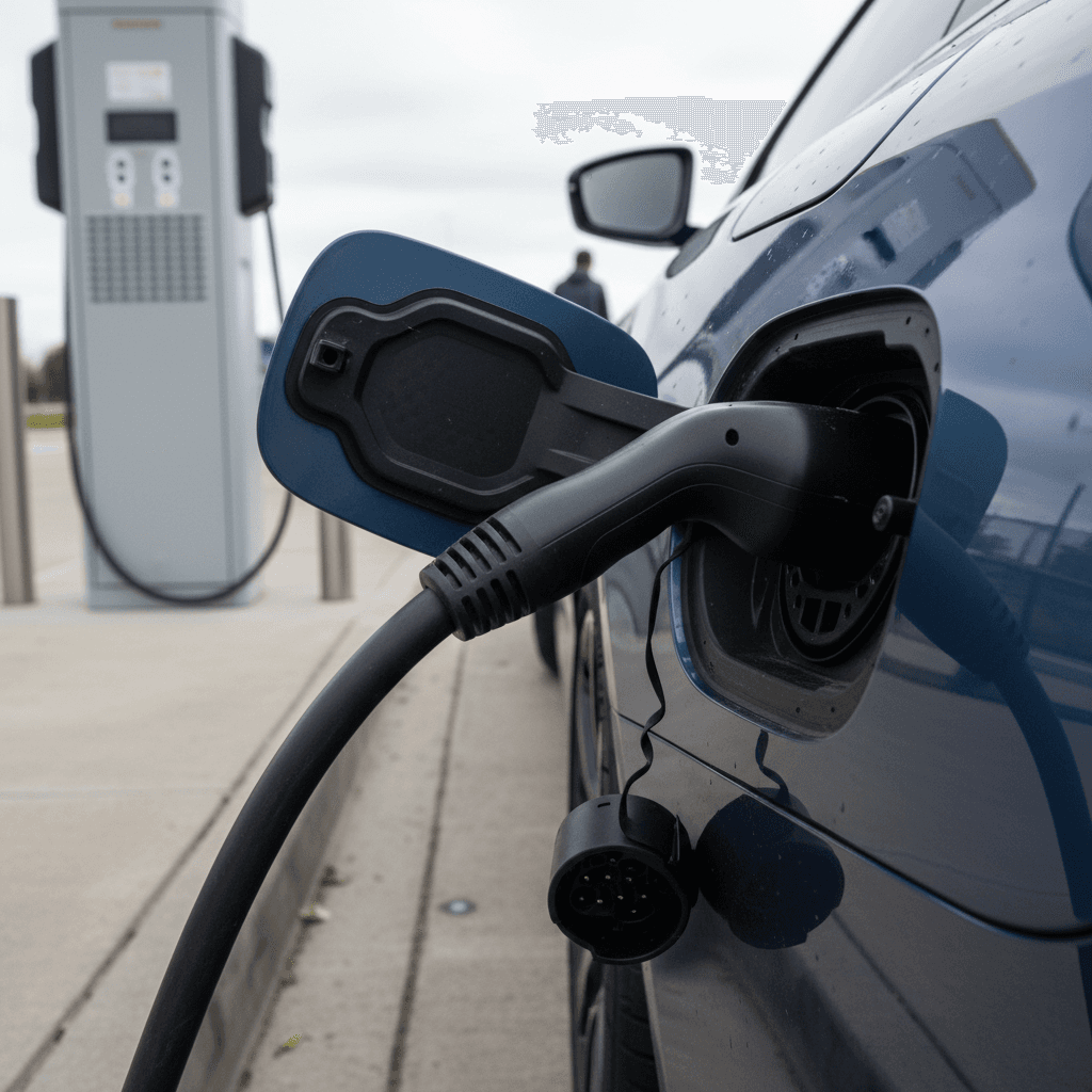 2025 BMW i4 plugged into a public DC fast charger at a modern station