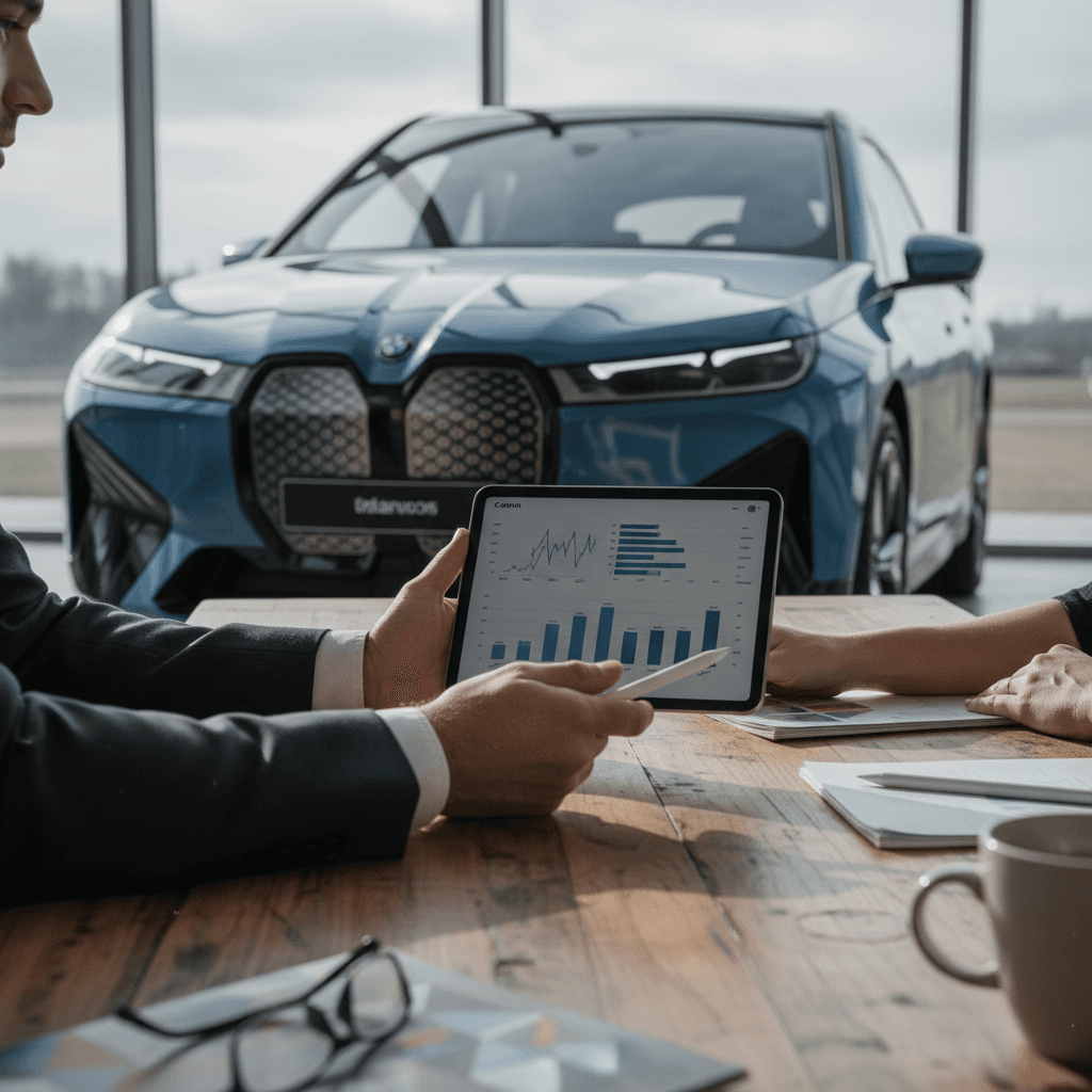 BMW iX owner reviewing insurance coverage options with an advisor at a desk