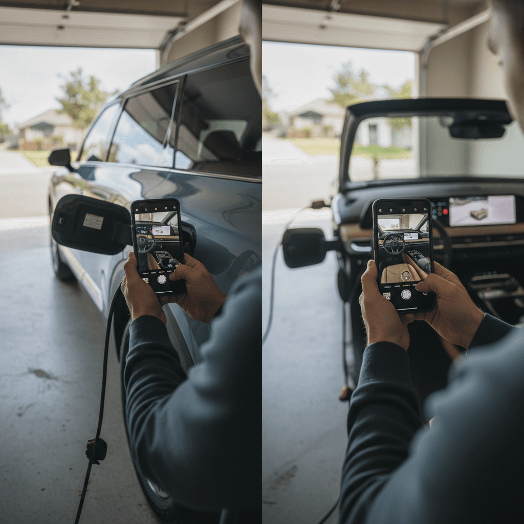 Driver photographing the interior and charging port of a Kia EV9 to document battery health and condition for a used sale listing.