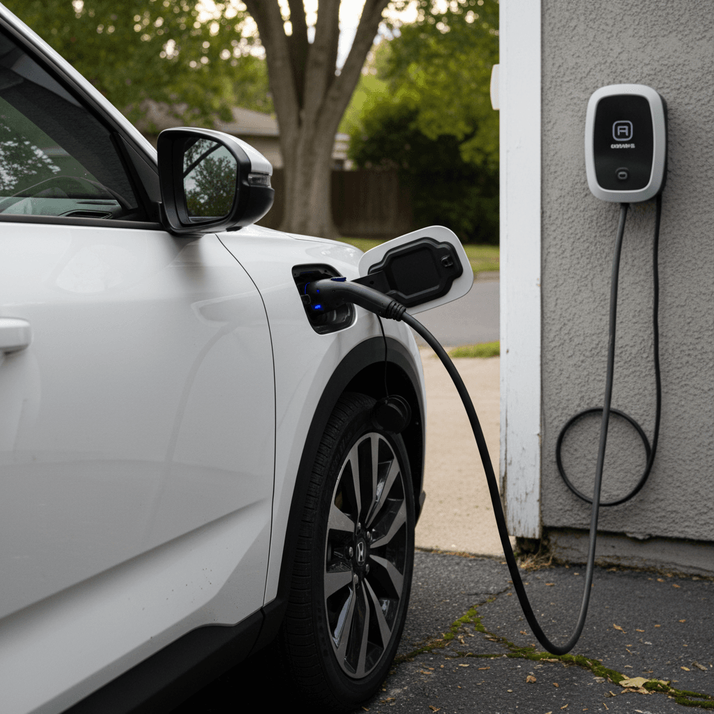 A 2025 Honda Prologue plugged into a home charger, clean and detailed in a driveway