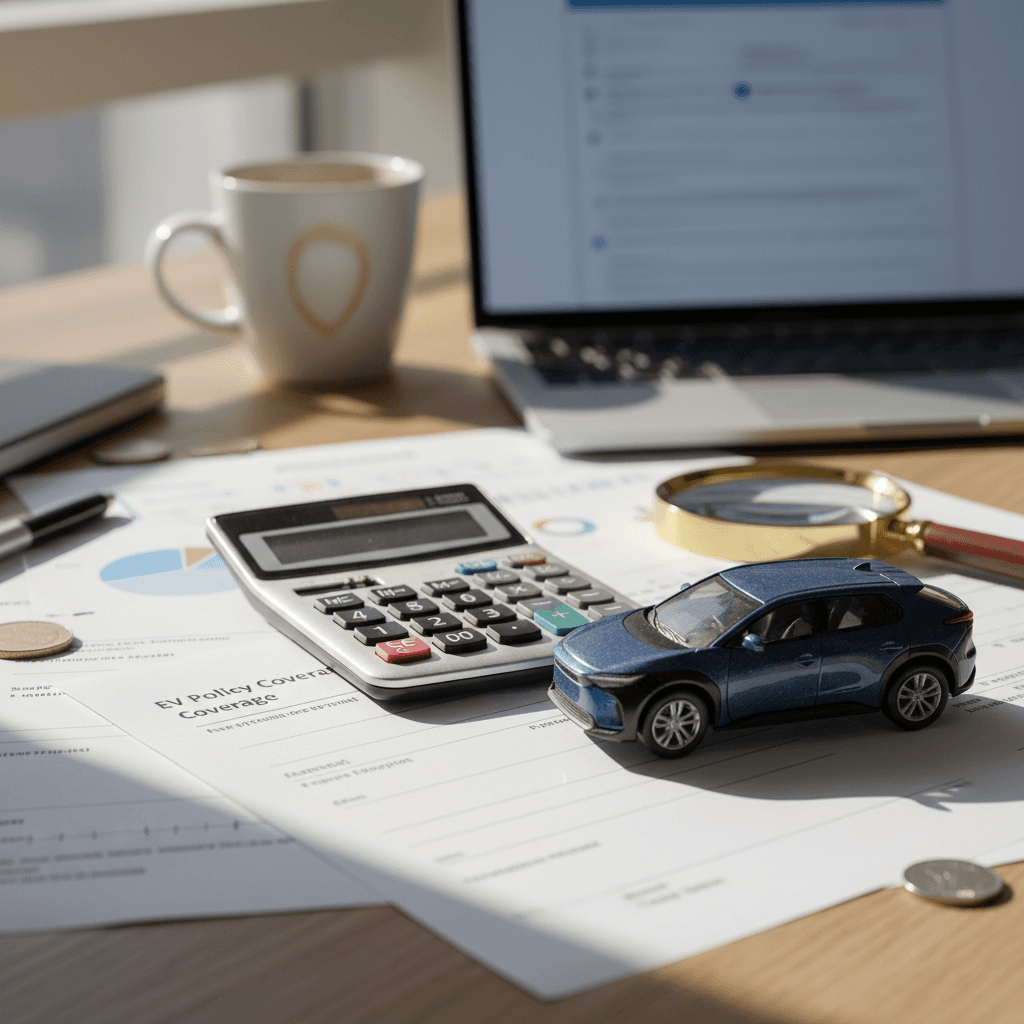 Insurance forms, calculator, and a miniature Toyota bZ4X model on a wooden desk, symbolizing insurance cost planning for an electric SUV