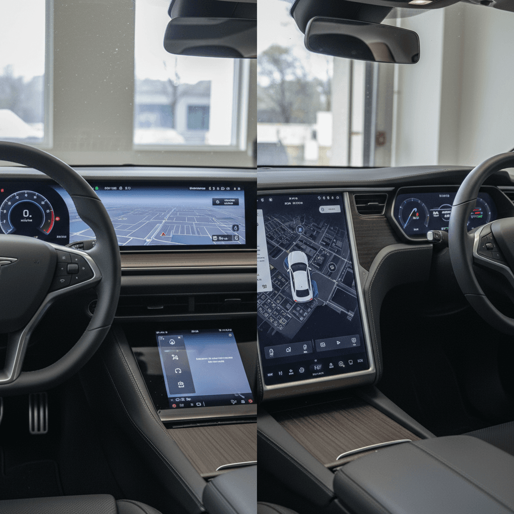 Used Porsche Taycan and Tesla Model S plugged in at a modern fast charging station in the city