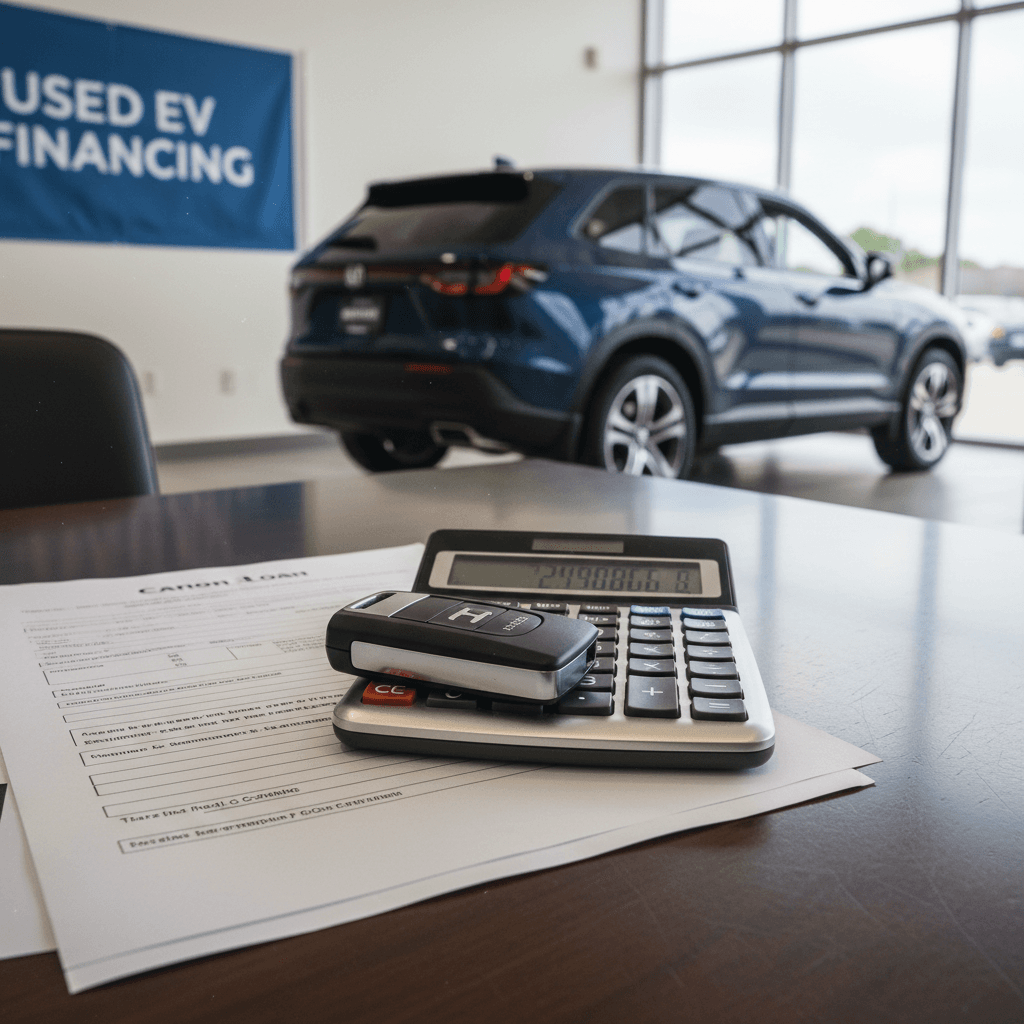 Car loan paperwork and calculator placed next to a used electric SUV key fob on a desk