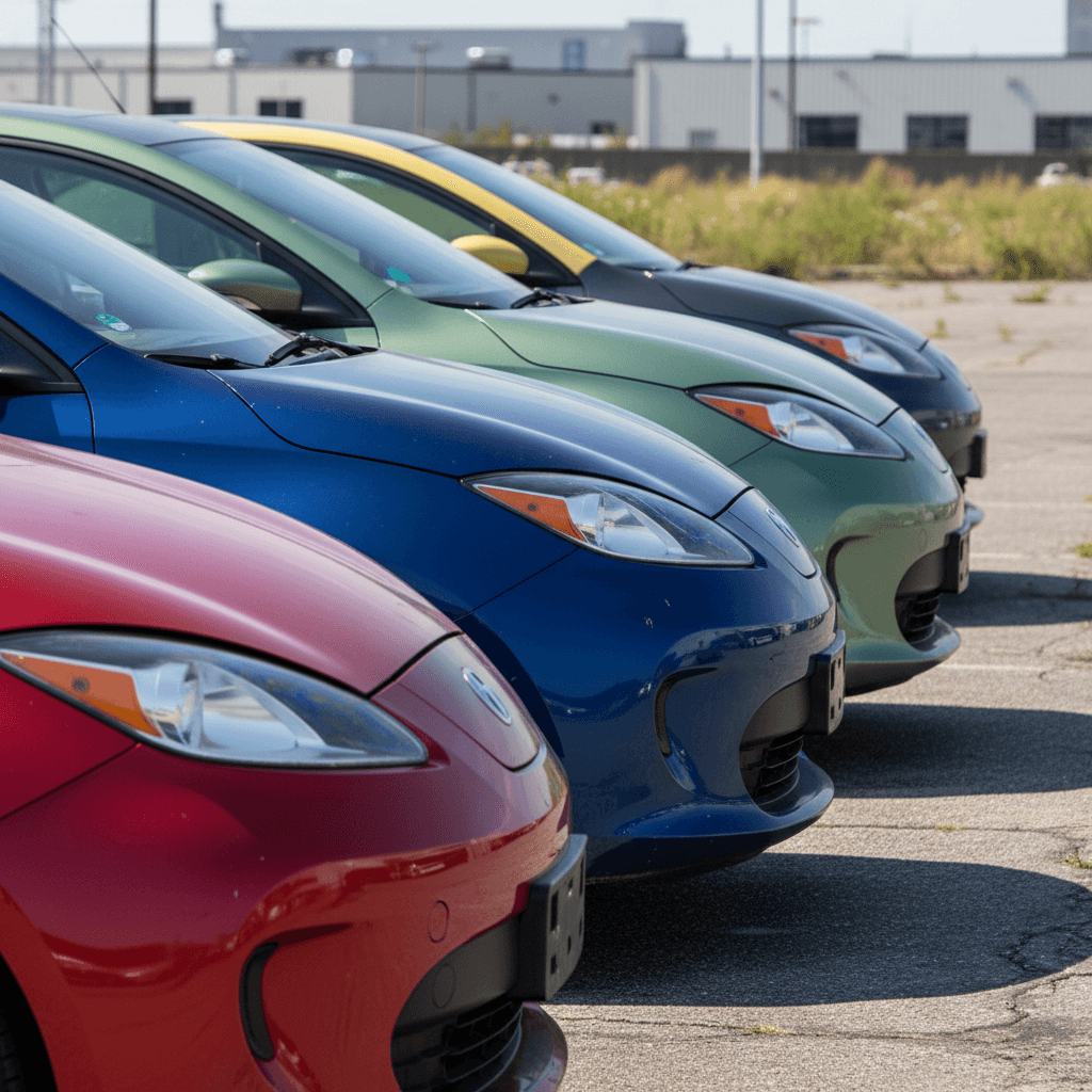 Lineup of electric vehicles in a variety of colors highlighting how paint choices affect used resale value