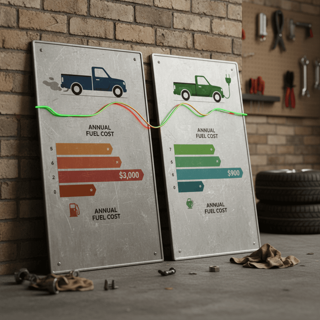 Side-by-side comparison graphic of annual fuel cost for a 15 mpg gas truck versus an electric truck at different energy prices