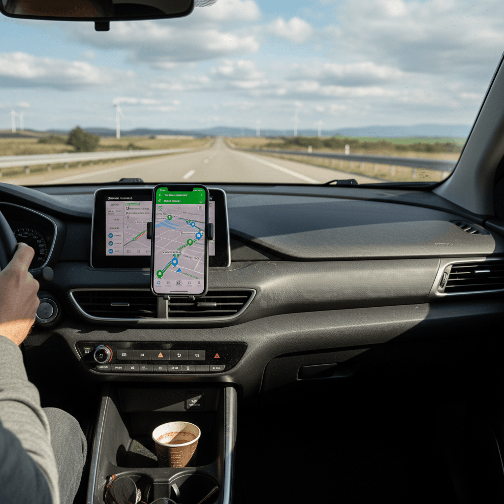 Driver using an EV trip planning app on a smartphone inside the car, with charging stops highlighted along a highway route
