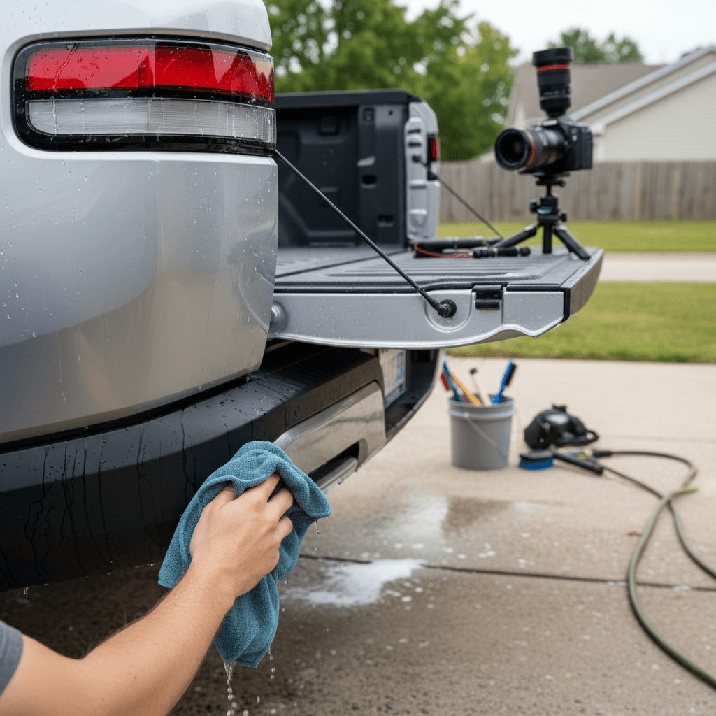 Owner cleaning and photographing a Rivian R1T in a driveway before listing it for sale