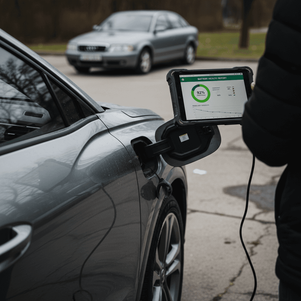 Technician using tablet to show Audi Q4 e-tron battery health report during trade-in appraisal