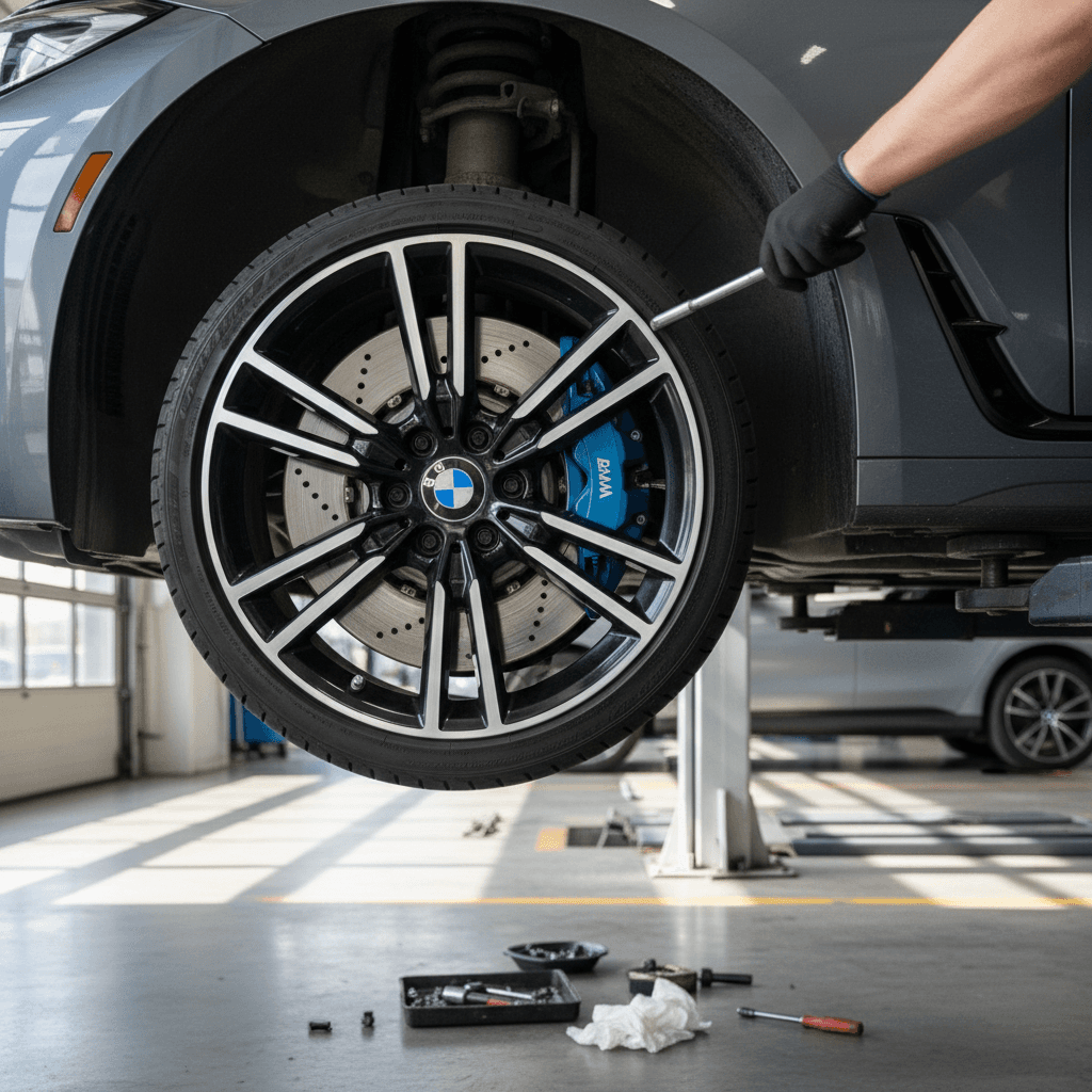BMW i4 wheel and brake assembly on a lift during service, showing rotor and caliper