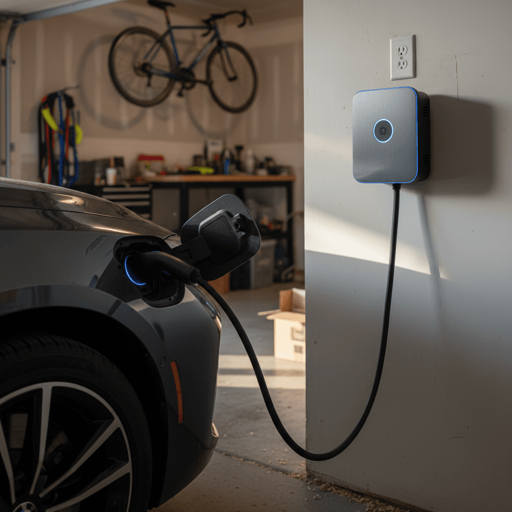 BMW i4 charging at home on a wall-mounted Level 2 charger in a residential garage