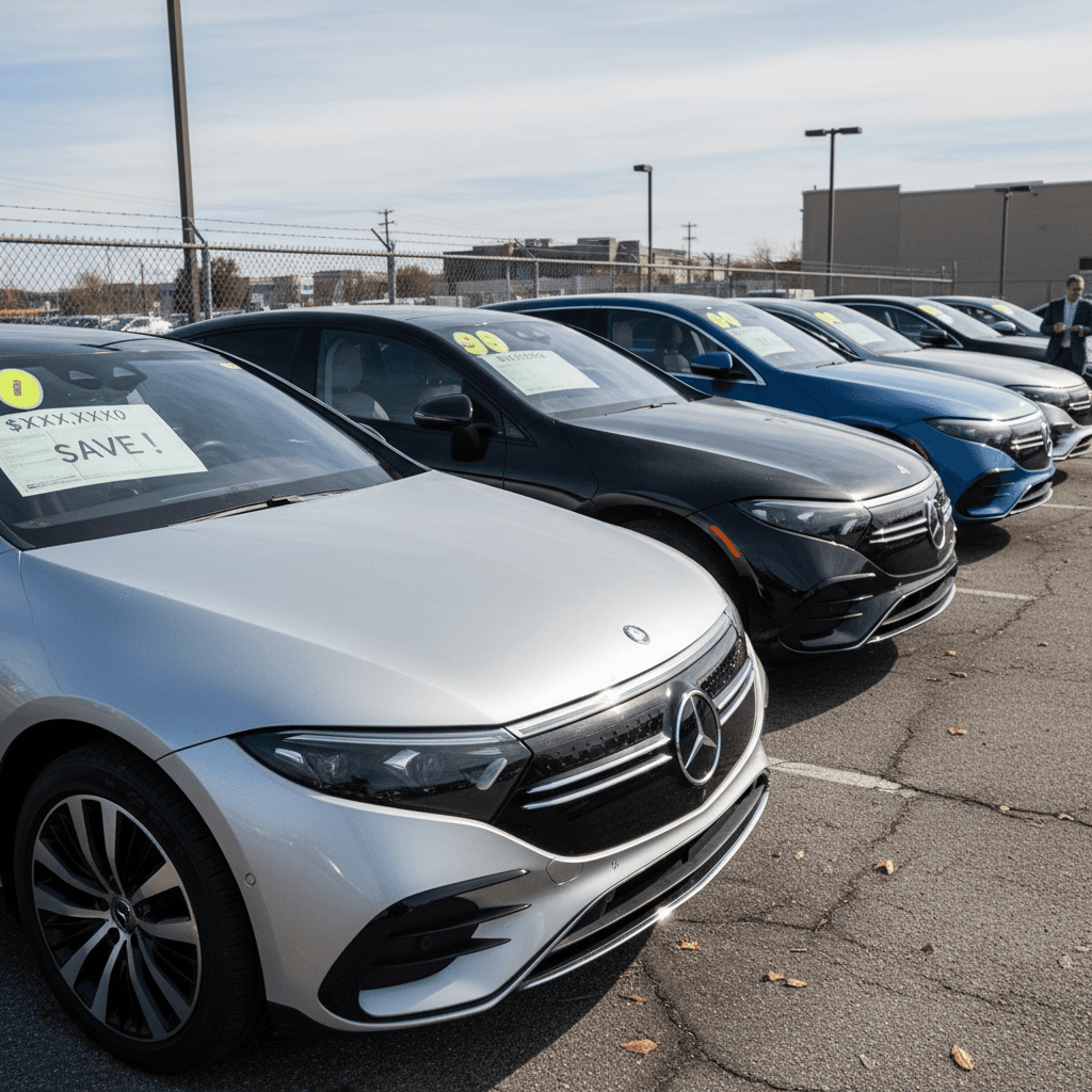 Row of Mercedes EQE sedans and SUVs parked at a used EV dealership with pricing displayed on windshields