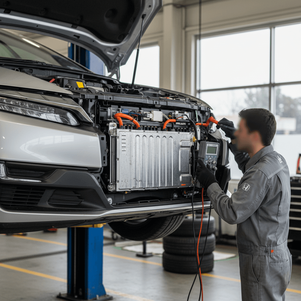 Technician inspecting the high-voltage battery pack of a Honda Clarity Plug-In Hybrid on a lift