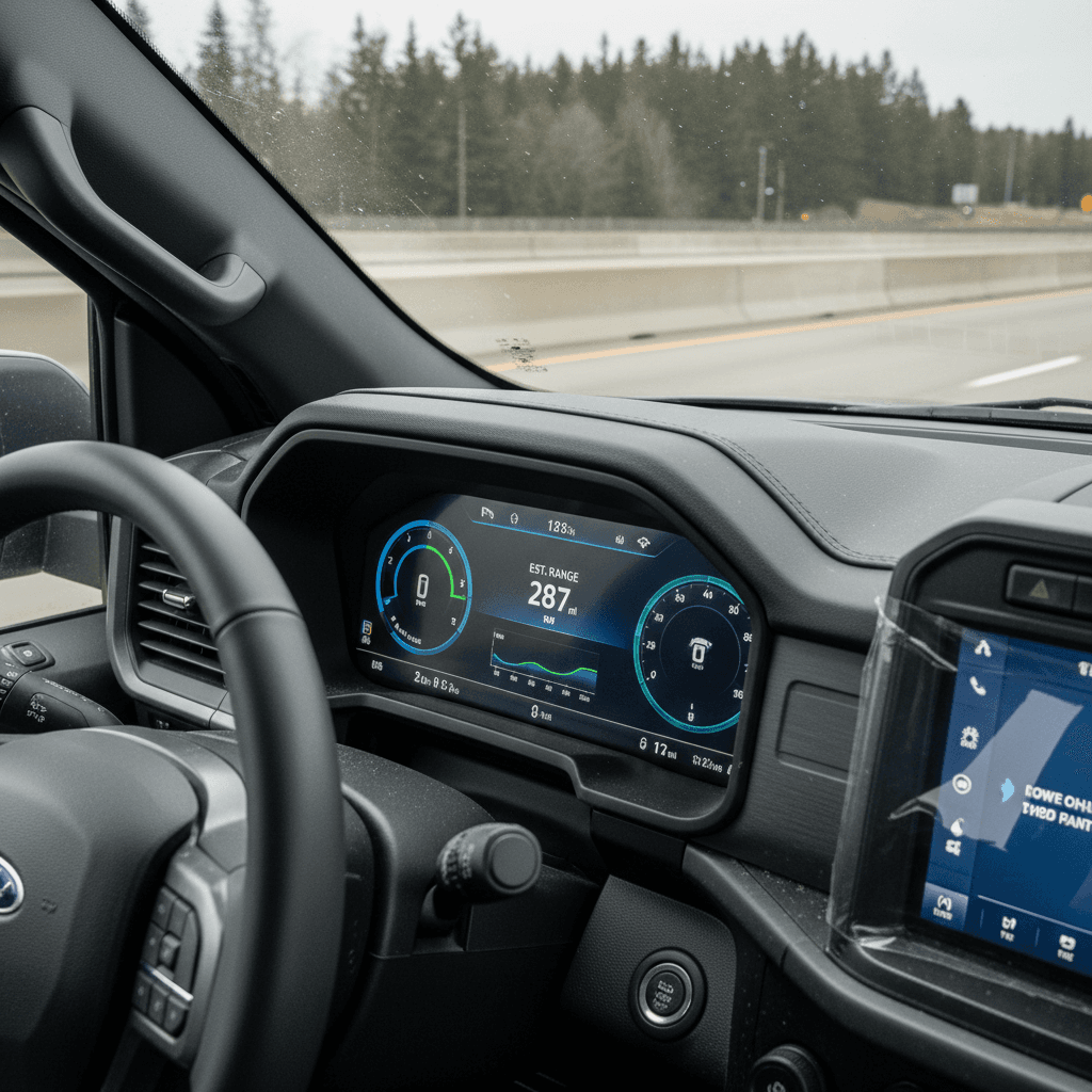 Ford F-150 Lightning instrument cluster showing energy use and estimated remaining range on the highway