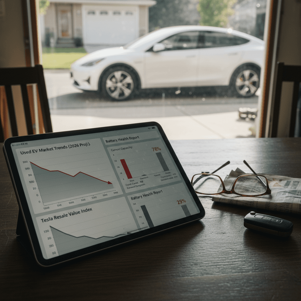 EV owner reviewing battery health report and recent used electric car prices on a tablet before deciding to sell
