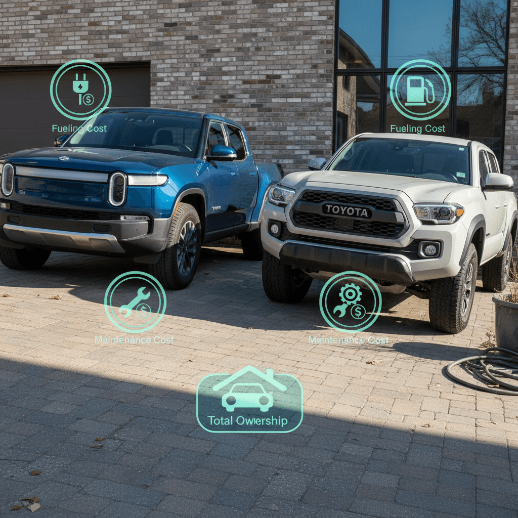 Rivian R1T electric pickup and Toyota Tacoma parked side by side, with cost icons indicating ownership expenses