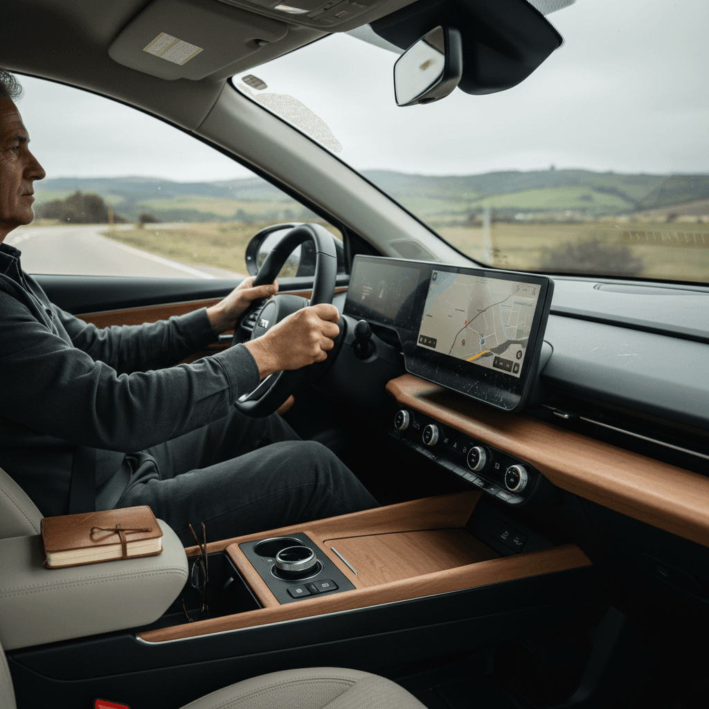 Senior driver in an electric crossover with high seating, clear view out the windshield, and simple controls within easy reach