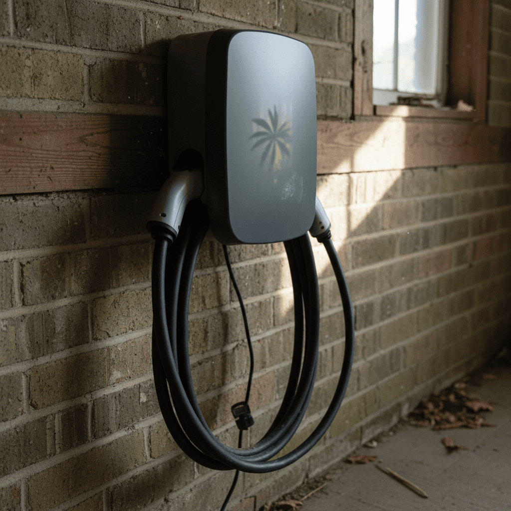 Level 2 electric car charging station mounted on a wall in a modern home garage
