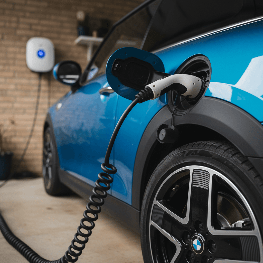 Mini Cooper SE plugged into a home charger, highlighting the charging port and wheel design