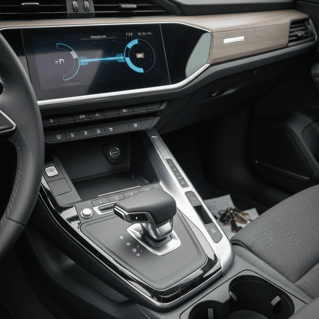 Digital instrument cluster of an Audi Q4 e-tron showing gear selection with the steering wheel and gear selector visible
