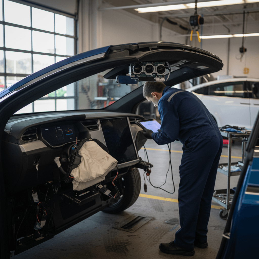 Tesla Model X in a service bay with a technician inspecting safety systems