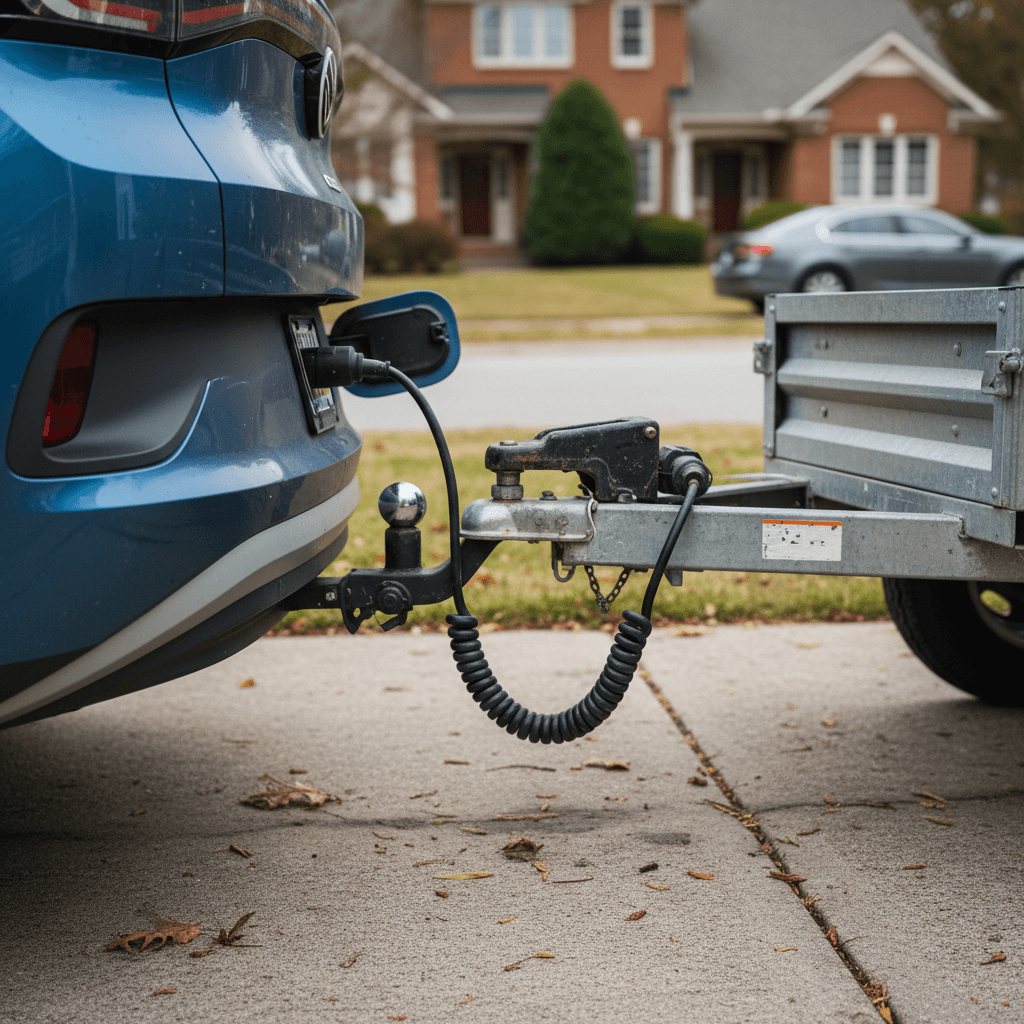 Volkswagen ID.4 with a tow hitch connected to a compact utility trailer parked in a driveway