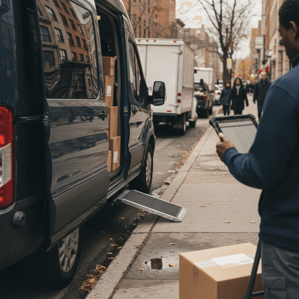 Kia PV5 style electric commercial van being loaded at a city curb by a delivery driver