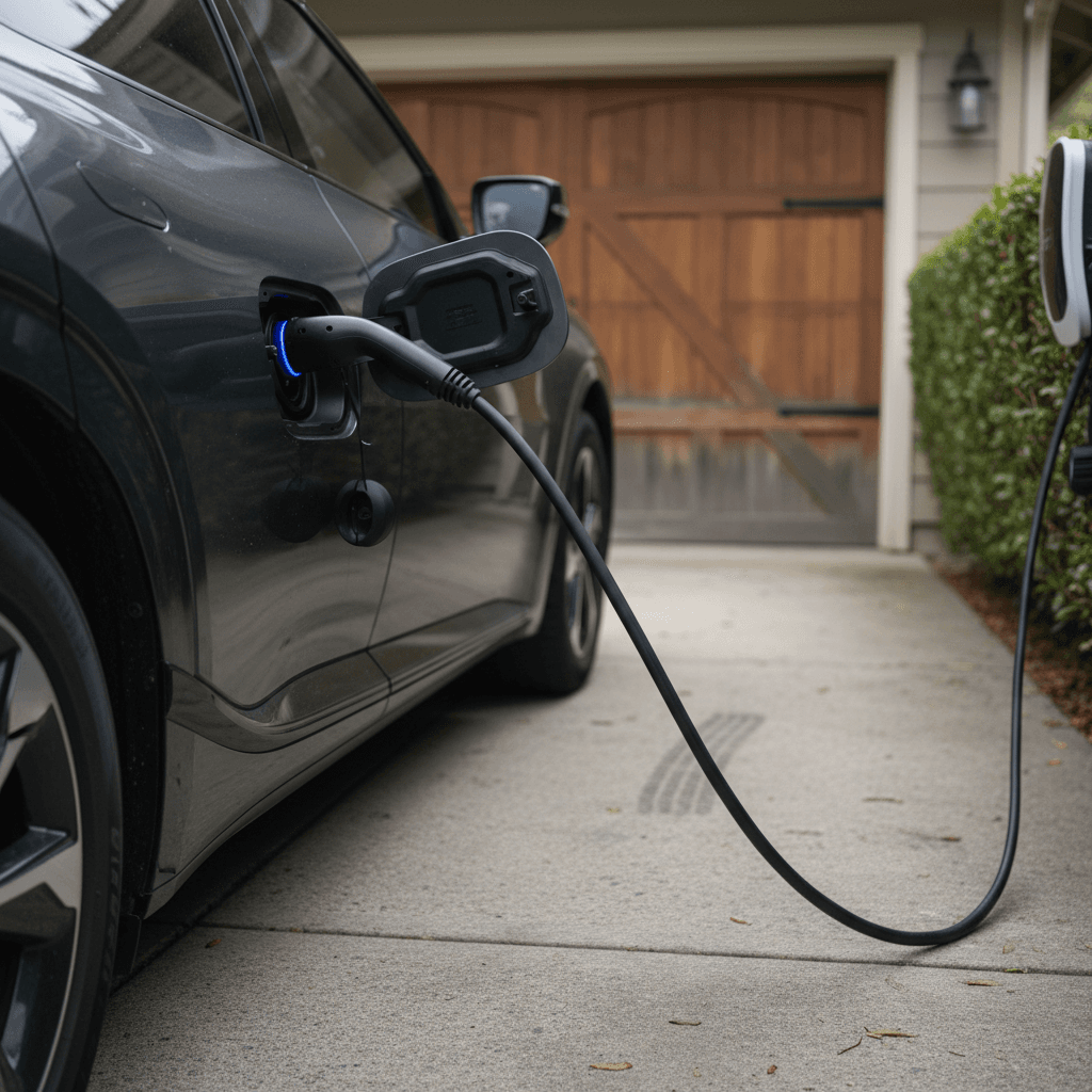 Kia EV6 charging in a residential driveway, highlighting its side profile and charge port while plugged into a home charger
