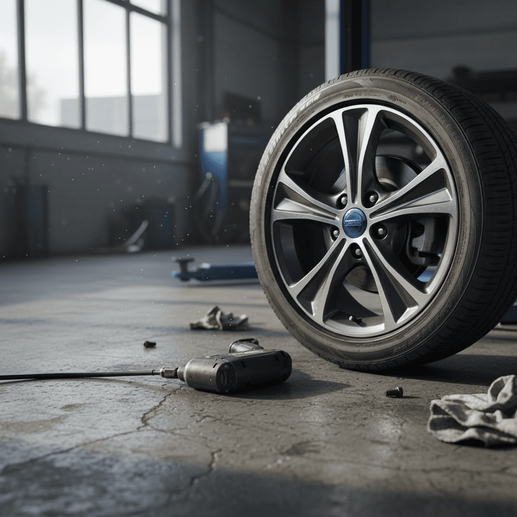 Close view of a Nissan Leaf front wheel and low-rolling-resistance tire at a tire shop
