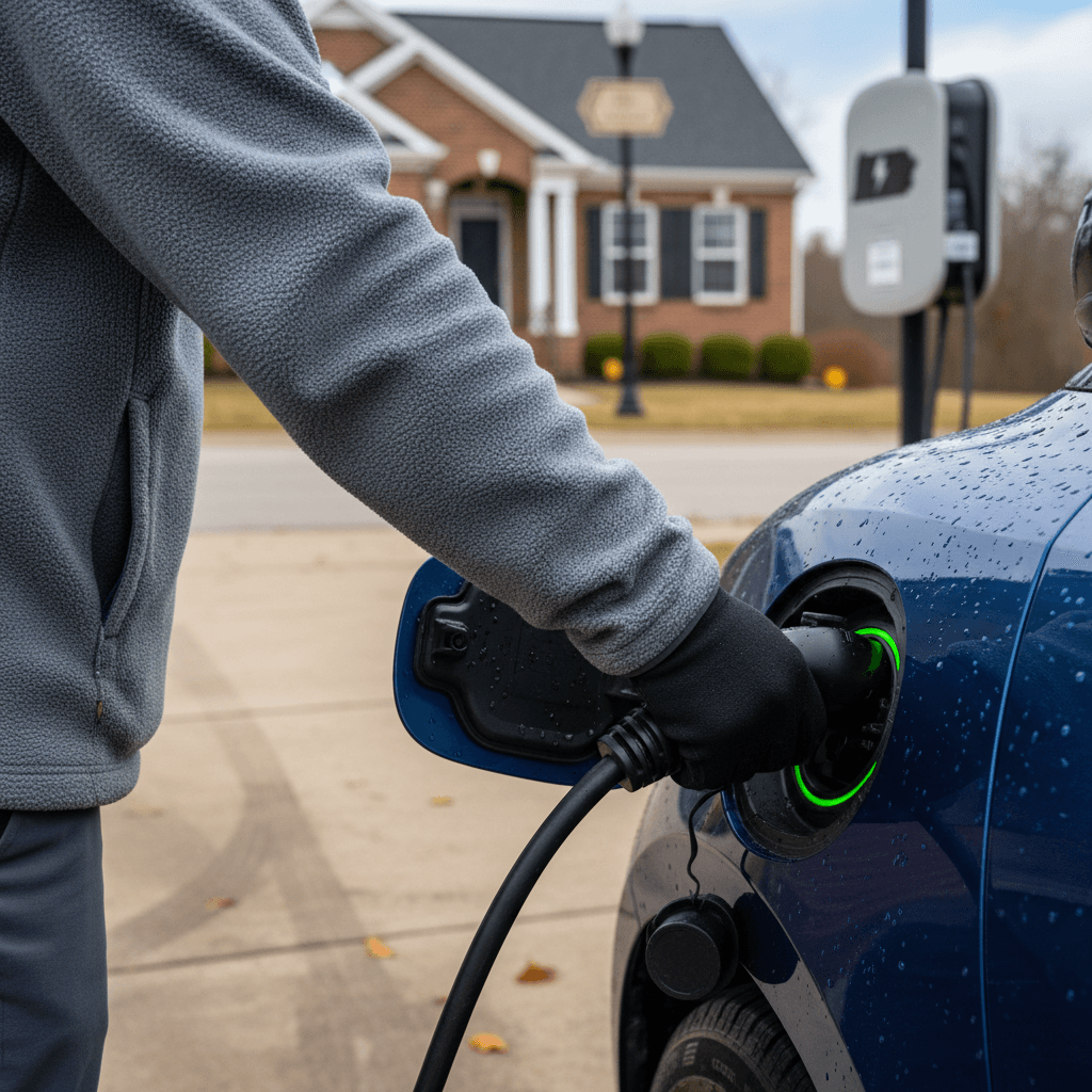 Electric vehicle plugged into a wall-mounted Level 2 home charger in a Pennsylvania garage