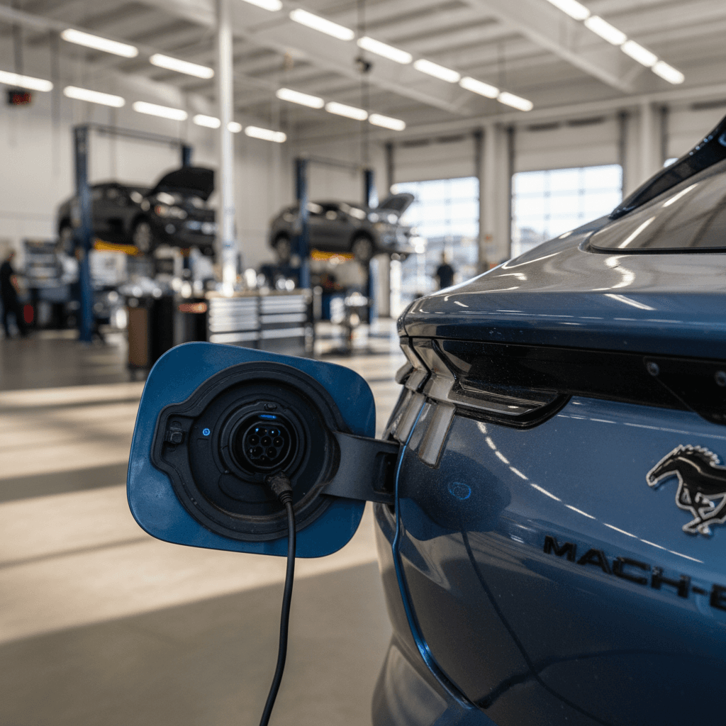 Ford Mustang Mach-E charge port and rear badge with dealership service area in background