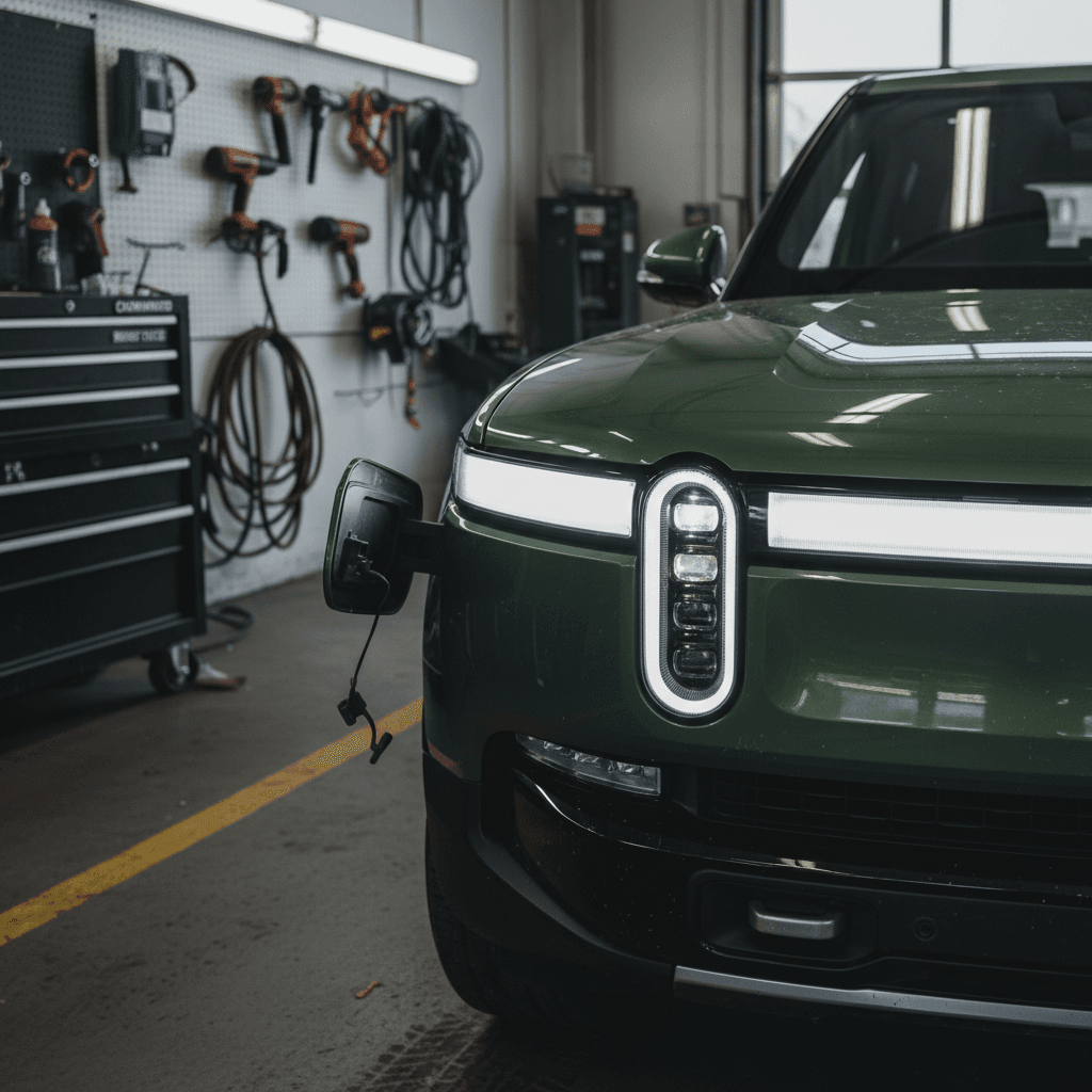 Rivian R1S front end in a service bay, with headlights illuminated while a technician performs recall work