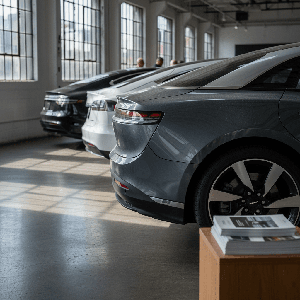 Row of used Lucid Air and other luxury EV sedans lined up inside a bright showroom