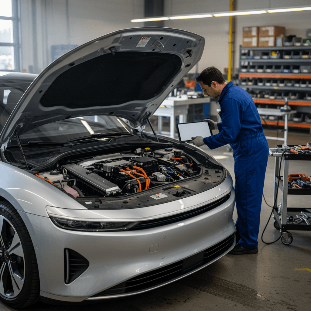 Lucid Air luxury electric sedan on a lift in a service bay while a technician inspects the front, highlighting reliability and maintenance concerns