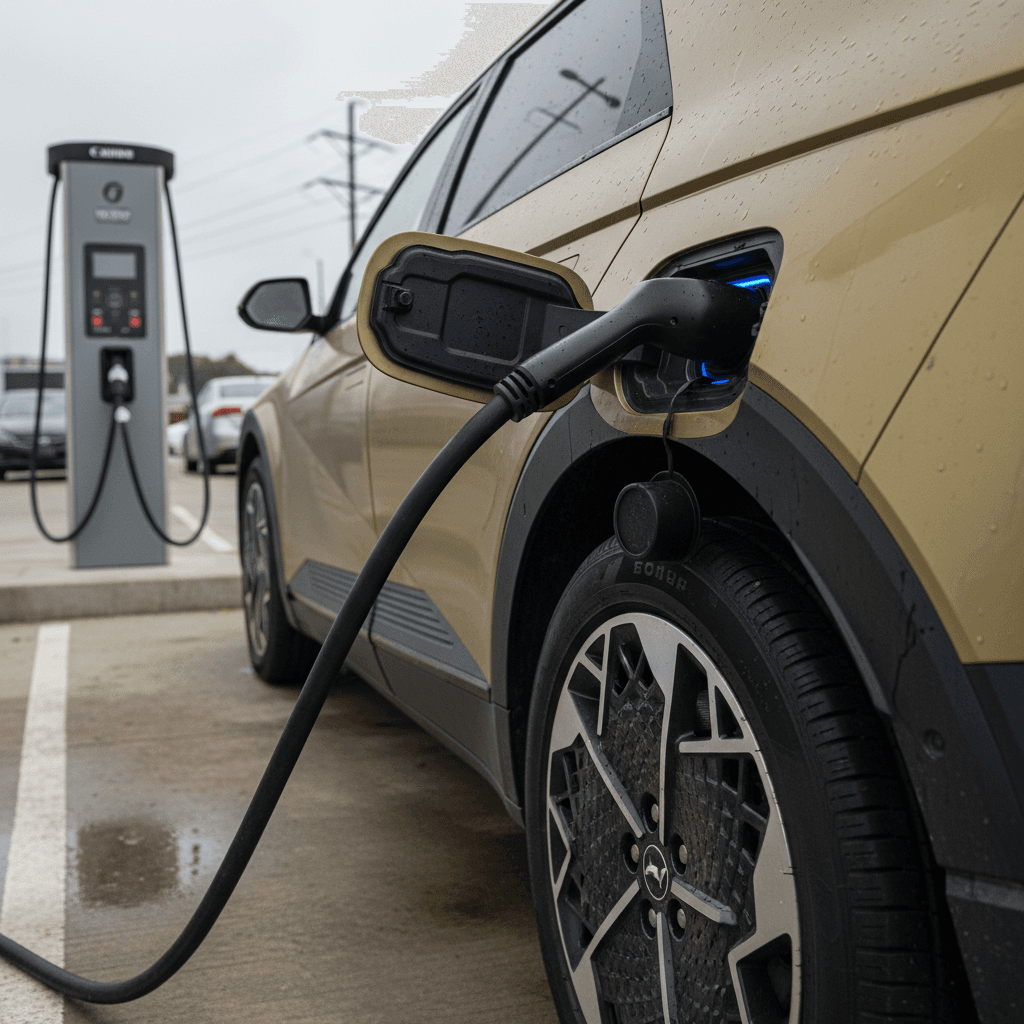 Used 2024 Hyundai Ioniq 5 charging at a DC fast charger, highlighting the charge port and wheels