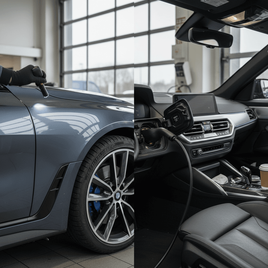 Technician inspecting a used BMW i4 battery and charging port at an EV dealership